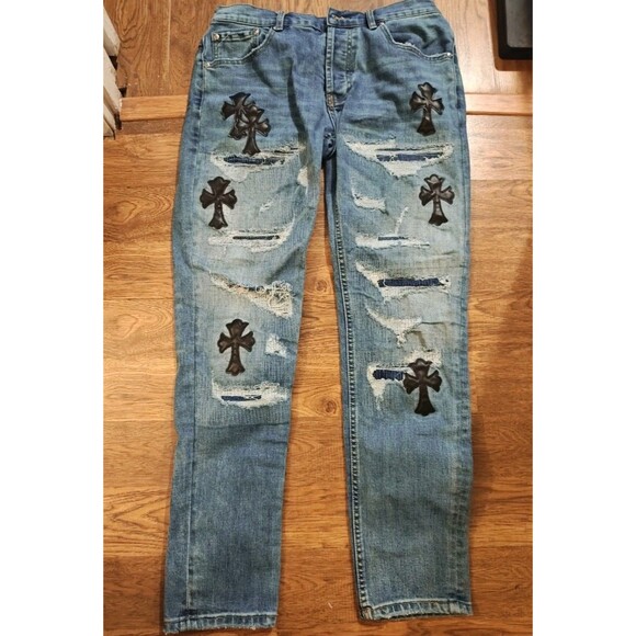 Chrome Hearts Blue Denim Jeans Pants Size 32x30 Black Leather Lamb Crosses - Picture 1 of 12